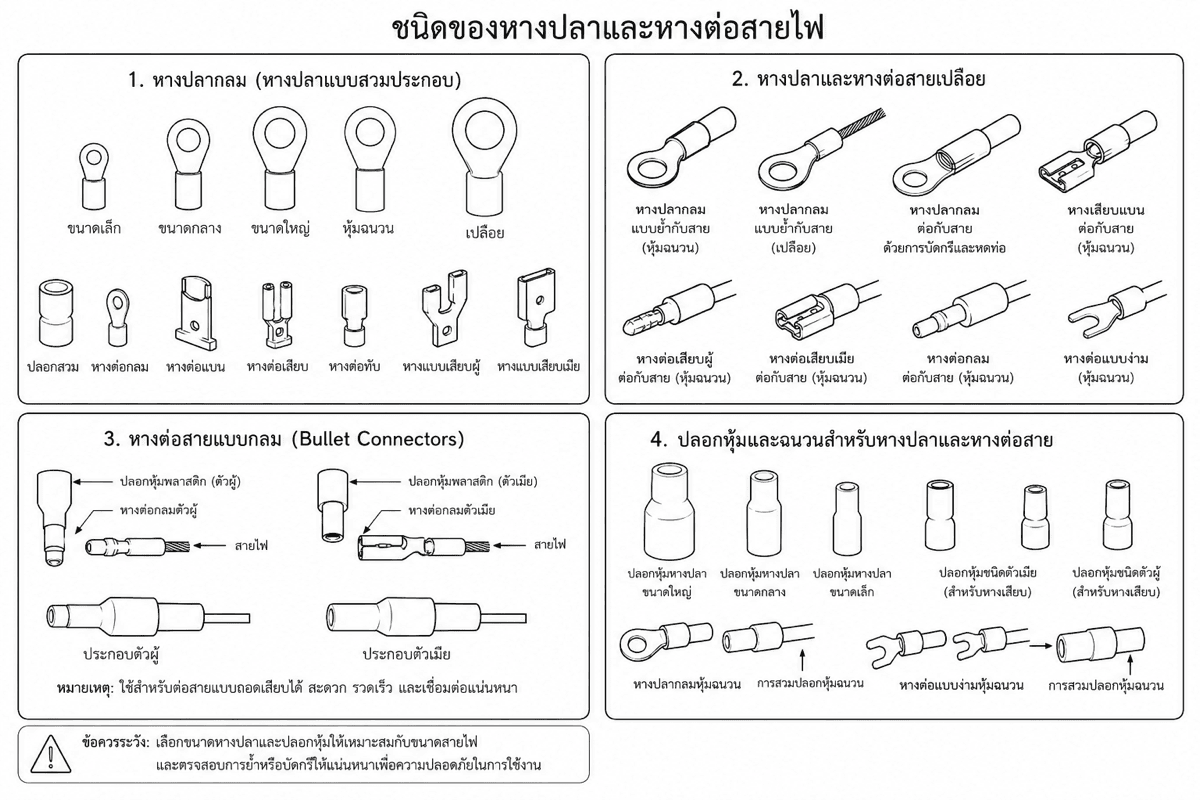 ผังชนิดของหางปลาและหัวต่อสายไฟ — หางปลากลม เสียบ บูลเล็ต และปลอกหุ้ม