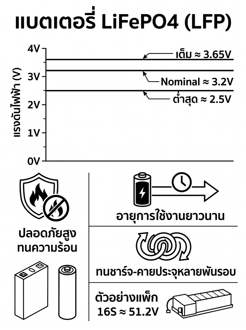 แผนภูมิแสดงคุณสมบัติแบตเตอรี่ LiFePO₄ — แรงดันคงที่ 3.2V ต่อเซลล์ ความจุไม่ลดตามอุณหภูมิ อายุการใช้งานยาวนาน