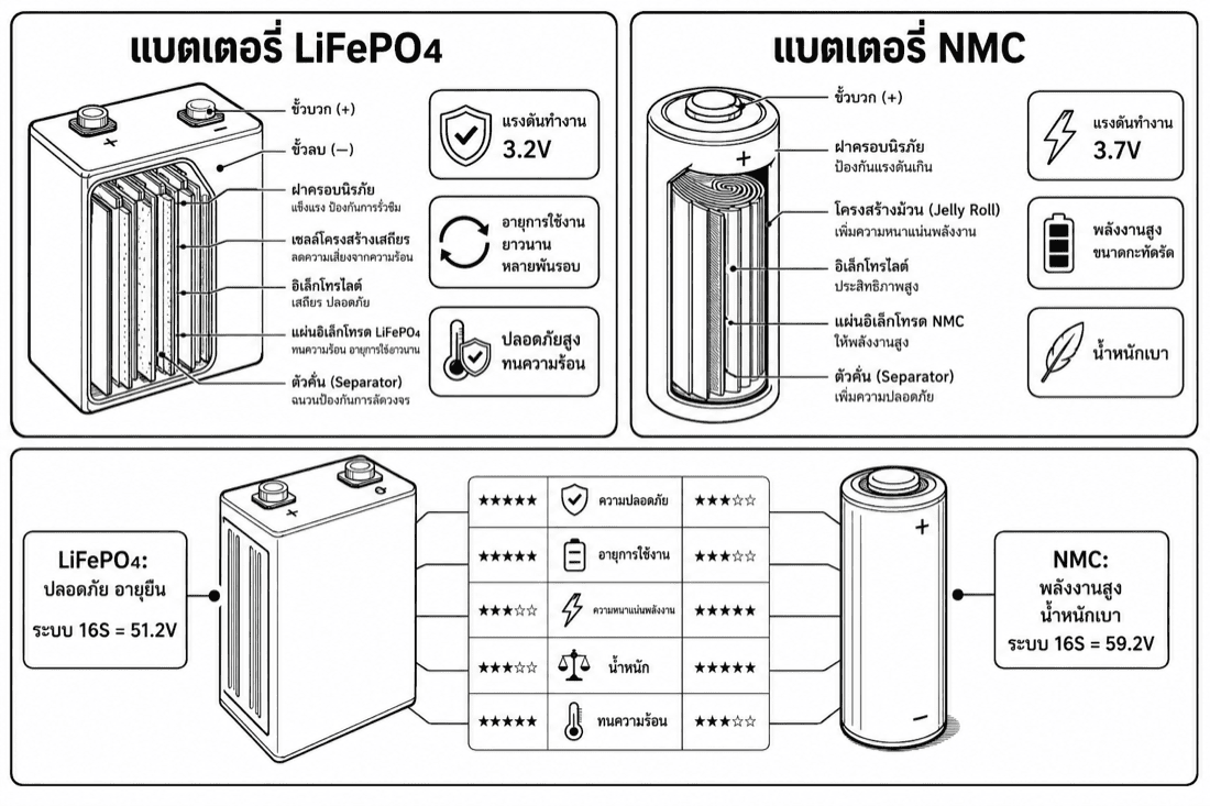 ภาพกายวิภาคเซลล์ LiFePO₄ และ NMC แสดงขั้วบวก ขั้วลบ เยื่อกั้น และโครงสร้างภายใน