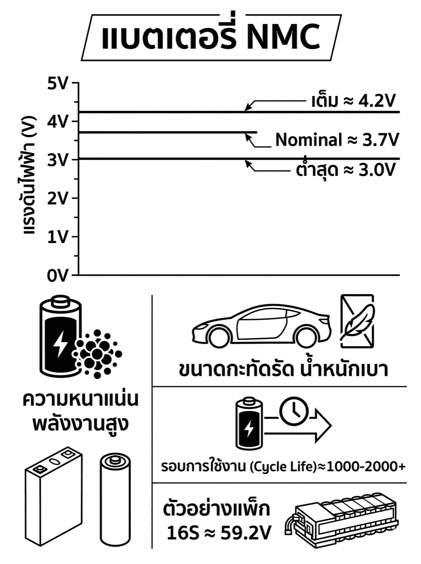 แผนภูมิแสดงคุณสมบัติแบตเตอรี่ NMC — แรงดัน 3.7V ต่อเซลล์ ความจุสูง น้ำหนักเบา แต่ต้องระวัง Thermal Runaway
