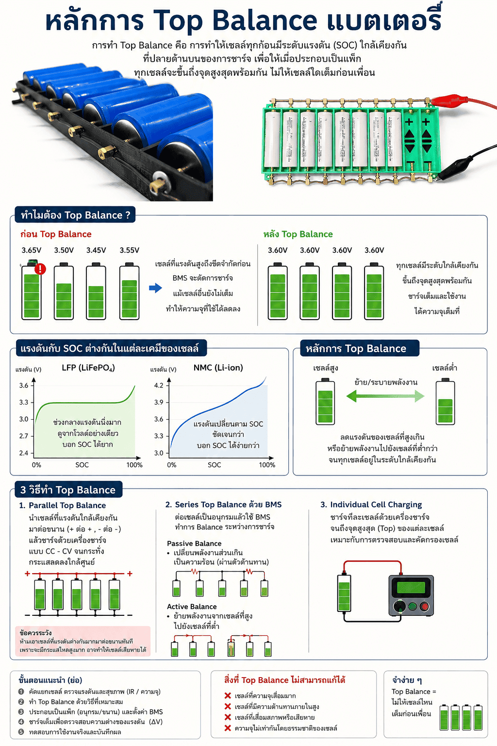 แผนภาพ Top Balance — แสดงการบาลานซ์เซลล์แบตเตอรี่ให้ชาร์จถึงระดับบนพร้อมกัน ป้องกัน BMS ตัดก่อนเซลล์อื่นเต็ม