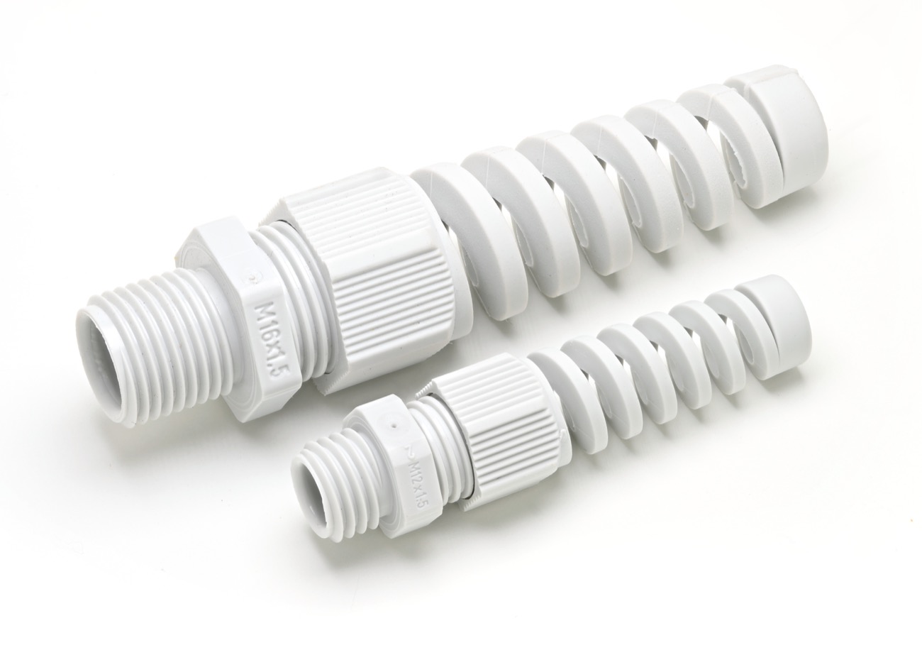 ต่อมร้อยสาย cable gland แบบมีปลอกกันสายหักงอ สำหรับร้อยสายผ่านผนังกล่องกันน้ำ