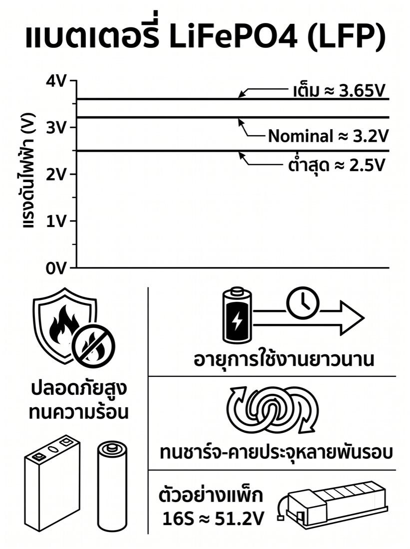 แผนภูมิแบตเตอรี่ LiFePO₄ — เต็ม 3.65V Nominal 3.2V ต่ำสุด 2.5V ปลอดภัยสูง อายุยาว 16S=51.2V