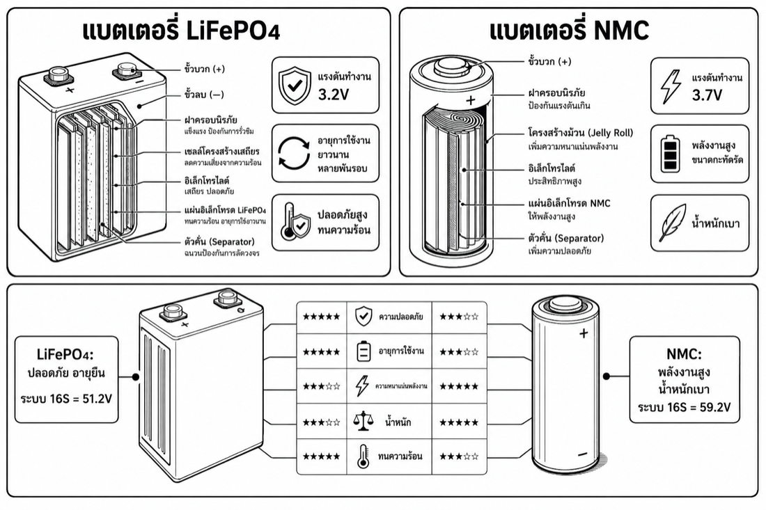 ภาพกายวิภาคเซลล์ LiFePO₄ และ NMC แสดงขั้วบวก ขั้วลบ เยื่อกั้น และโครงสร้างภายใน