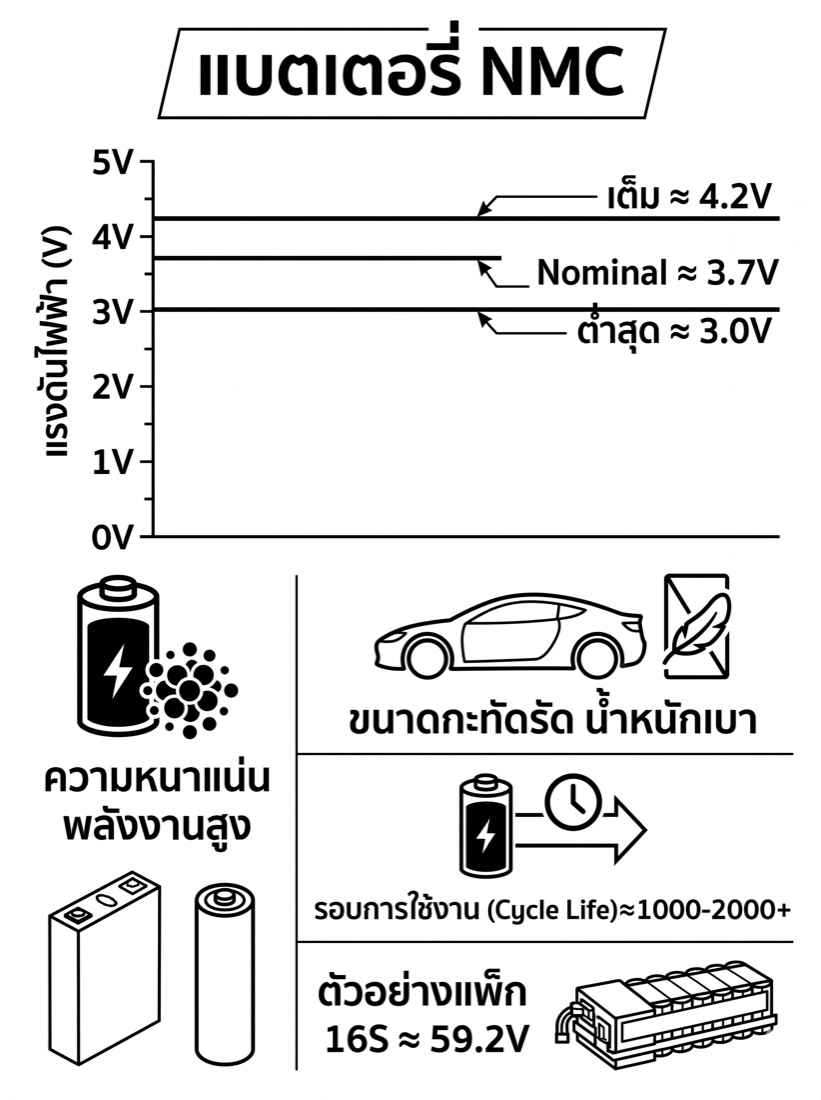 แผนภูมิแบตเตอรี่ NMC — เต็ม 4.2V Nominal 3.7V ต่ำสุด 3.0V พลังงานหนาแน่น น้ำหนักเบา 16S=59.2V